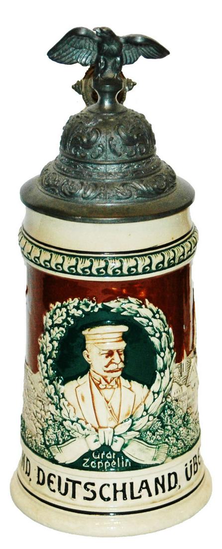 Graf Zeppelin & Airships Relief Stein: Pottery Thewalt #525 Relief 1/2L. Graf Zeppelin and air ships. Mint.