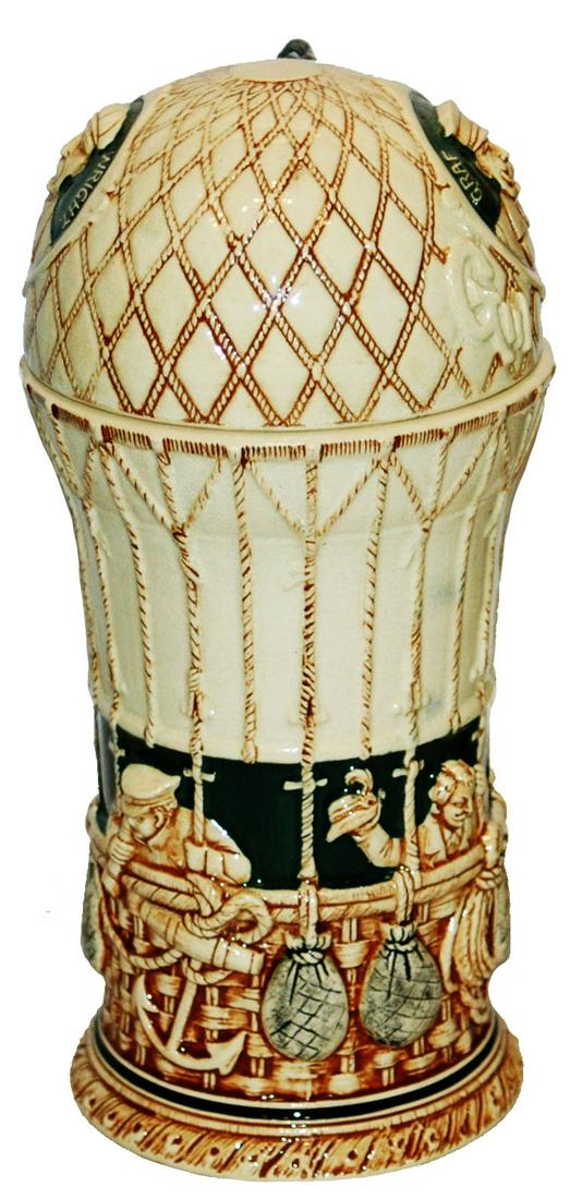 Hot Air Balloon w Graf Zeppelin & O Wright Stein: Character Stein 1/2L Pottery #1232. Hot air ballon with Orville Wright and Graf Zeppelin. Mint.
