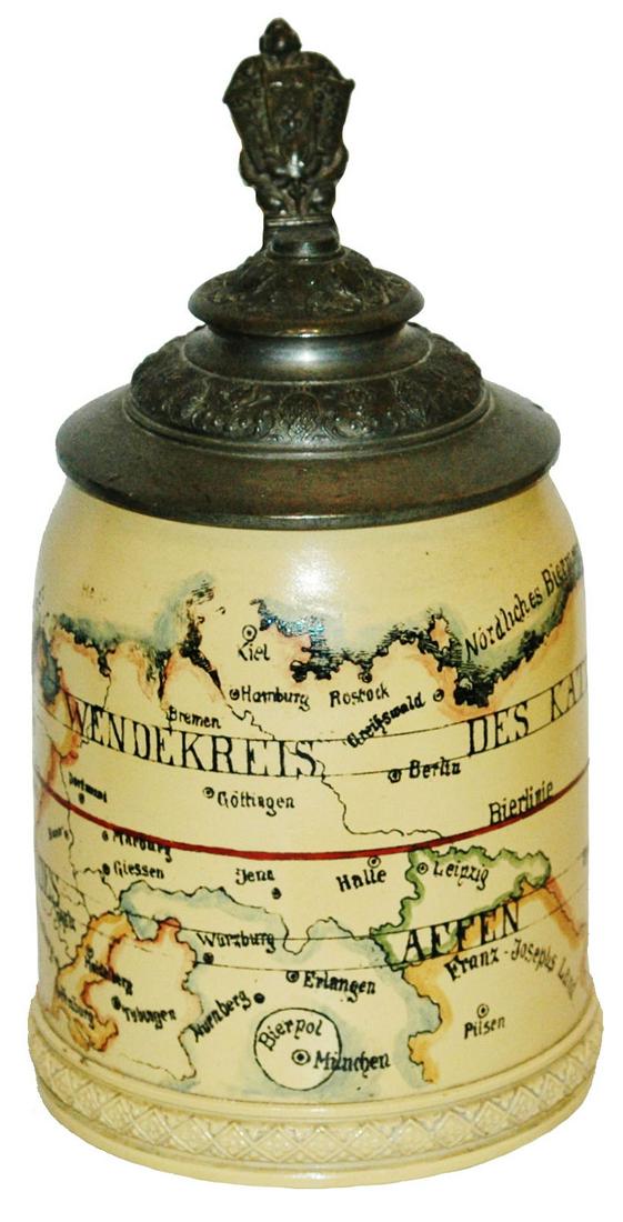 Unusual Mettlach Comical Map for Drinkers Stein: Mettlach #285 POG 1/2L. Comical map for drinkers. Mint.