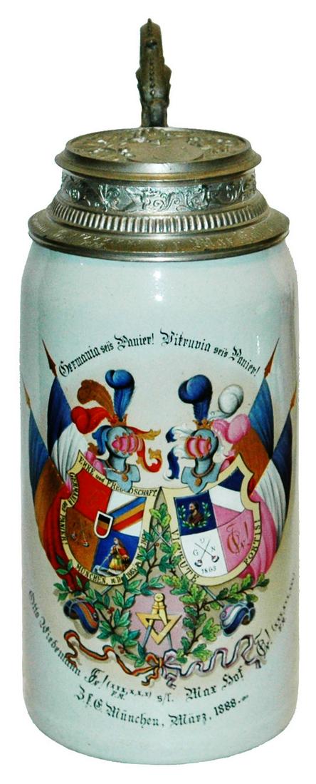 Mettlach 1L Double Student Shield Stein Dated 1888 (1 of 4)