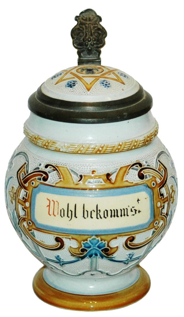 Mettlach Mosaic Floral & Verse Stein w Inlay Lid (1 of 4)