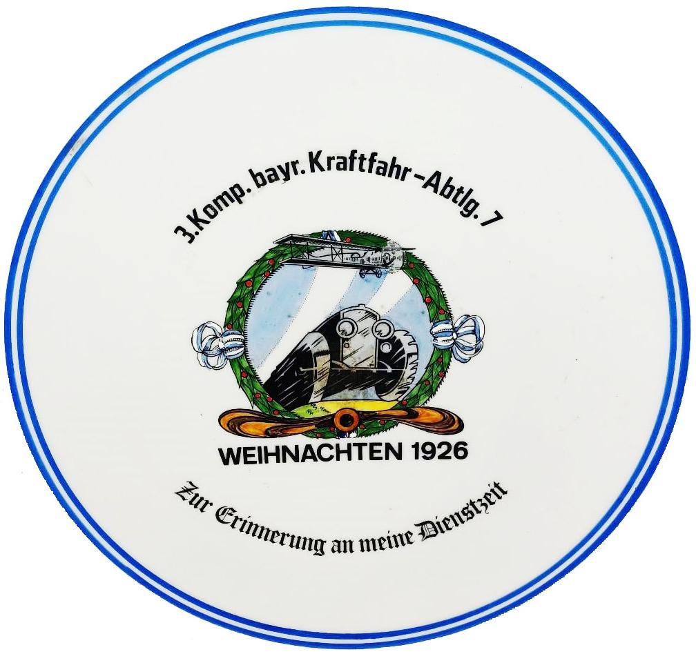 Kraftfahr 7 Weihnachten Porcelain Regiment Plaque: Porcelain POG 9 1/2ï¿½ Plaque. ï¿½3 Komp. Bayr. Kraftfahr Abtlg. 7 Weihnachten 1926.ï¿½ Mint.