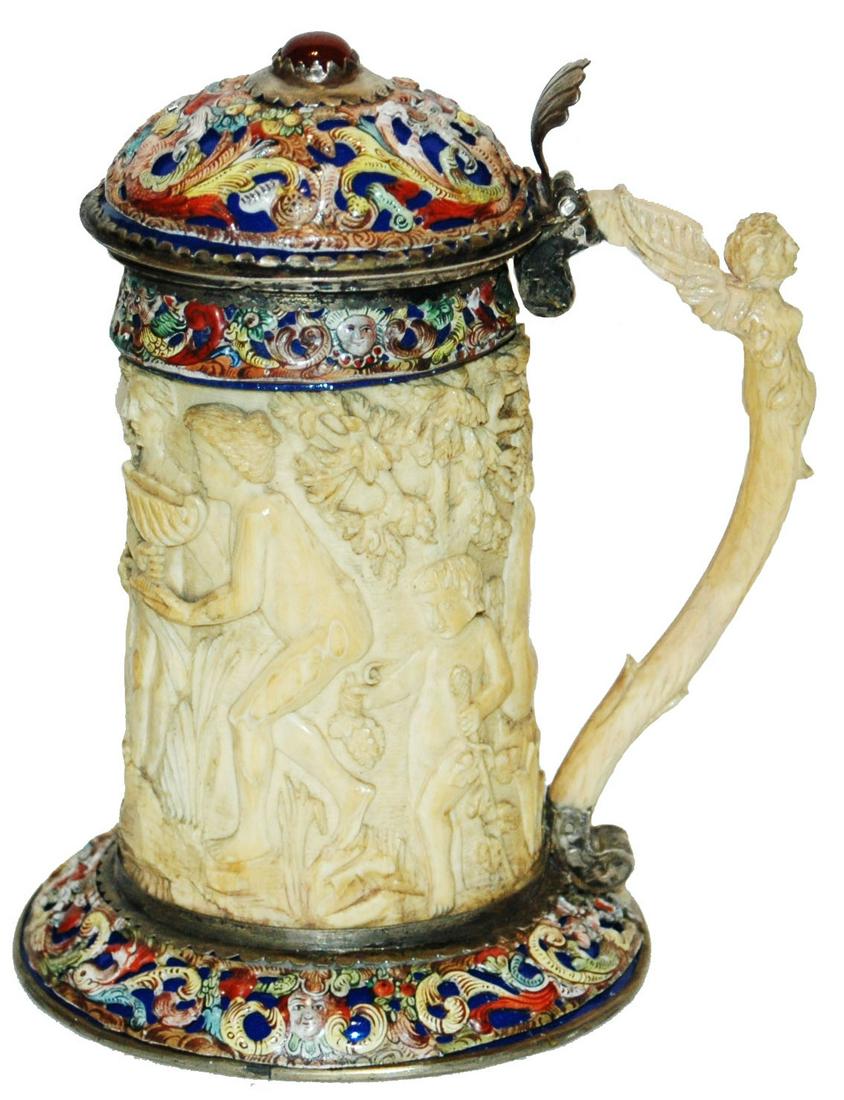 Carved Horn Bacchus Stein w Enameld Silver Mounts (1 of 6)