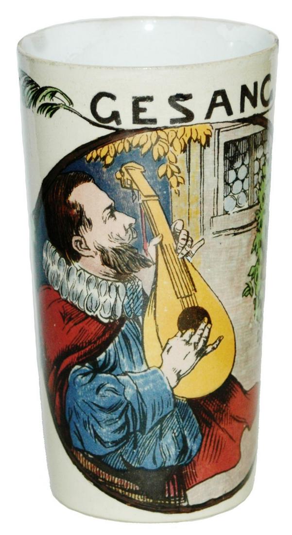Mettlach Musician Beaker: Mettlach #2327/1179 PUG 1/4L Beaker. Mandolin player. Rim flake repair.