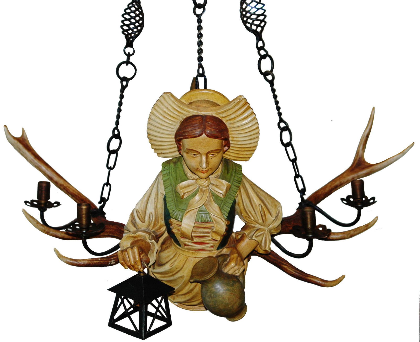Carved Luster Woman & Antlers Hanging Lamp (1 of 8)