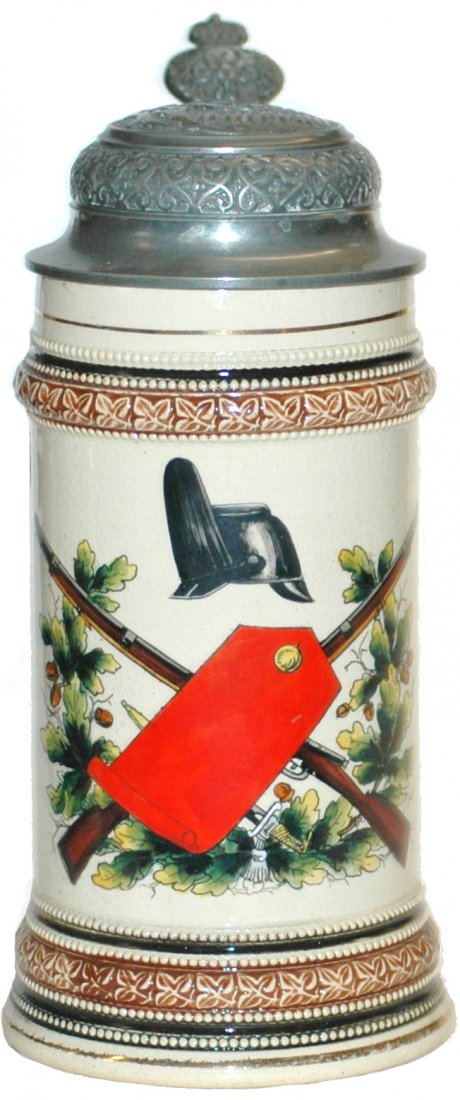 Military Helmet, Epalet and Crossed Rifles Stein: 1/2 L. Pottery POG . Military helmet, epalet and crossed rifles.
