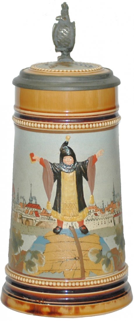 Munich child on World Mettach #2585 Stein: 1/2 L. Mettlach Etched #2585. Munich Child stands on the earth.