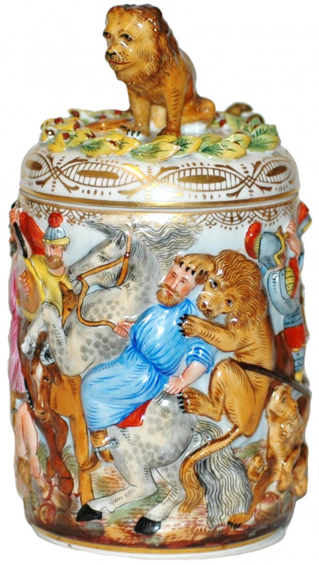 Capo-di-Monte Battle Stein w Lion Finial: Porcelain Capo-di-Monte Painted Relief 3/10 L. Battle scene. Lon finial lid