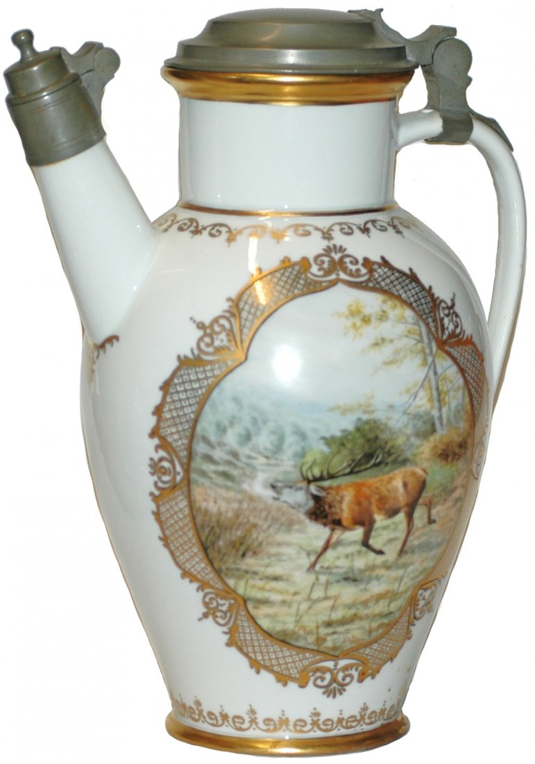 Meissen Boar and Elk Scene Stein: Porcelain POG 1-1/2 L. Meissen. Elk Scene on one side, and Boar on the other side. Spout wth pewter neck and lid.