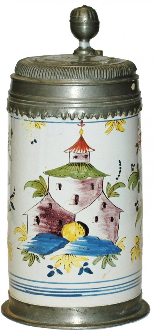 Faience Erfurt Dated 1762 Stein: Faience 1 L. Erfurt Factory. House and busy floral side scenes. Lid dated 1761