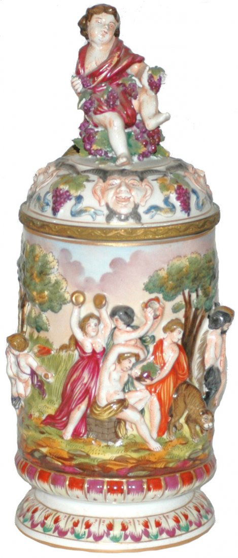 Capo-di-Monte Cherubs Finial Lid Stein: Capo-di-Monte Relief 1/2 L. Cherubs and orgy. Figural cherub finial lid