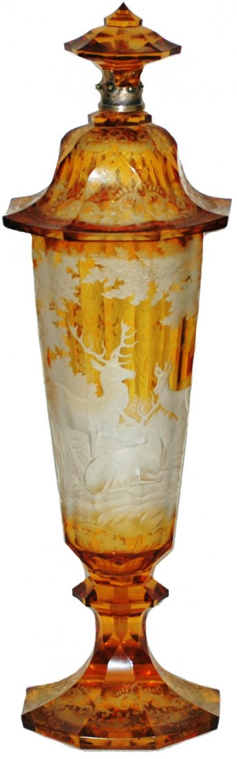 Amber Bohemian Pokal w Stag scenes: Blown Bohemian glass Pokal. Amber stained and intaglio wheel-cut stag scene. Impressive.