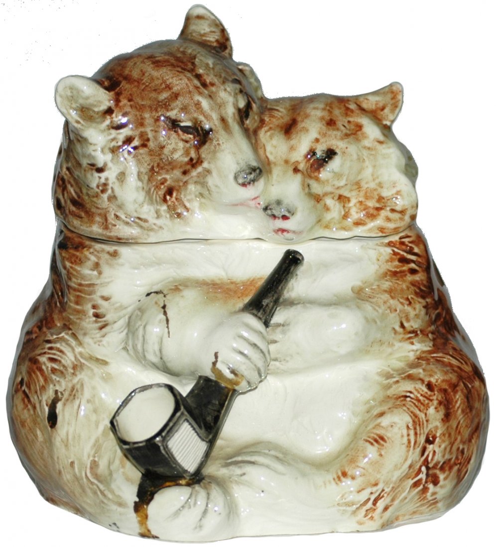 Majolica Bears Tobacco Jar: Austrian Majolica 6 1/2 " Tobacco Jar. Bears smoking a pipe.