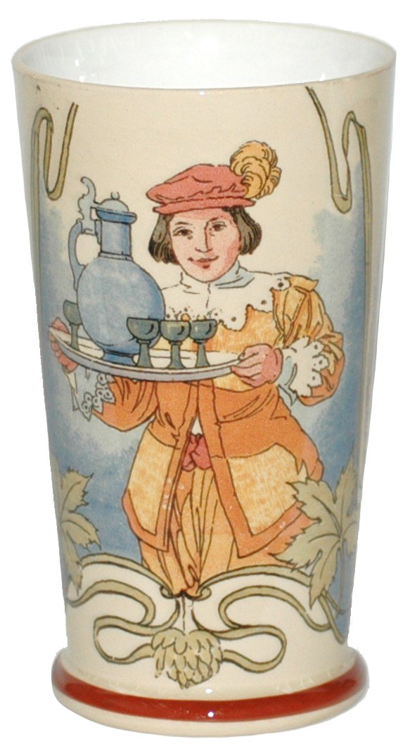 Mettlach PUG 1/4 L Beaker of Boy with tray: Mettlach 2368/1091 Pug 1/4L. Beaker. Boy with serving tray.
