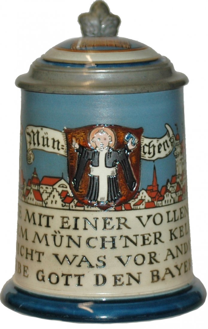Munich Etched Mettlach Stein with Inlay Lid: Mettlach Etched 1/2 L. #2002. City of Munich and verse. Inlay lid.