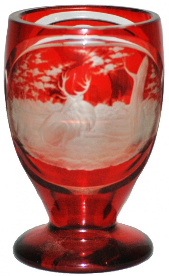 Glass Bohemain Ruby Wheel-Cut Stag Beaker: Blown Bohemian Glass Beaker. Ruby stained and wheel-cut stag scene.