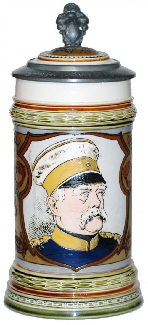Mettlach Stein of Bismark in Uniform Inlay lid: Mettlach #1794 Etched 1/2 L. Bismark in uniform. Inlay lid.