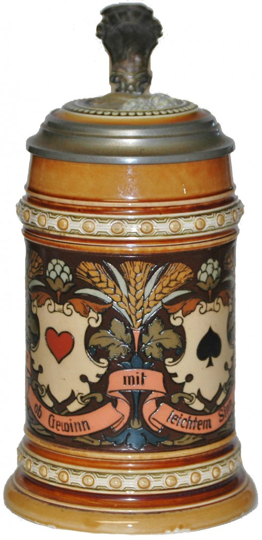 Mettlach Suites of Cards Stein w Inlay Lid: Mettlach #1395 Etched 1/2 L. Suites of Cards. Inlay lid.