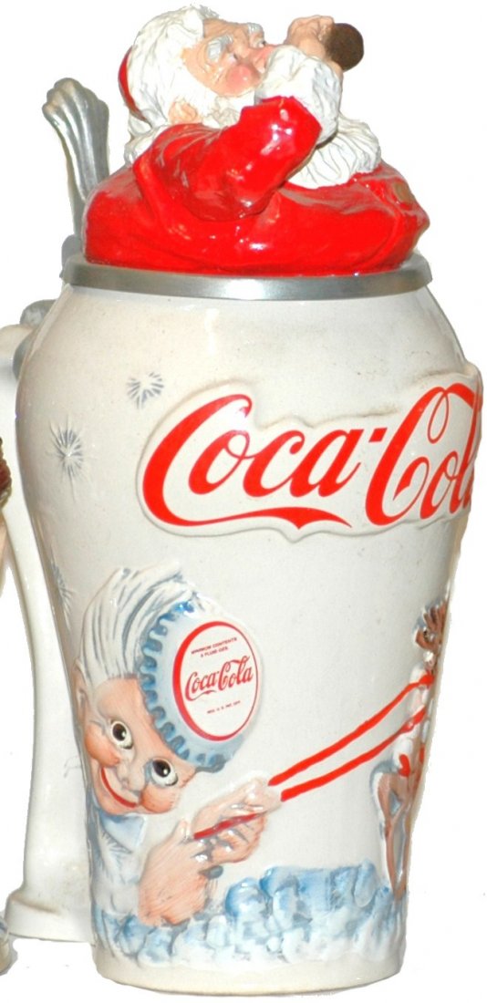 Coke Glass Character Stein with Santa Claus: Character stein 1/2 L. Pottery relief. Santa Claus coming out of the top of a Coke Glass.
