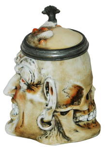 1/4L Bohne Porcelain Skull & Devil Character Stein: Character Stein 1/4L Bohne Porcelain. Skull on one side, devil on the other. Mint.