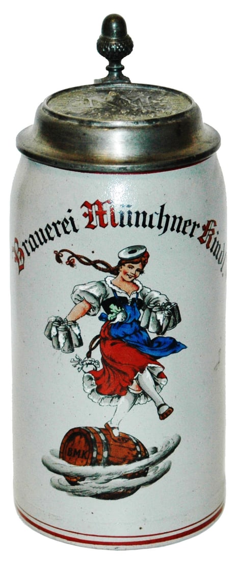 1L Brauerei Target Girl Brewery Stein w logo Lid: Brewery Stein 1L POG Stoneware. “Brauerei Munchner Kindl.” Target girl. Matching logo lid. Mint.