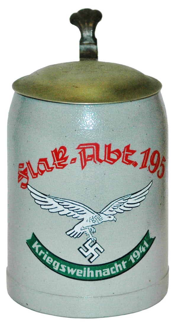 Third Reich 1941 Kriegsweilhnacht Stoneware Stein: Third Reich Stein Stoneware POG 1/2L. “Slat. Abt. 195 Kriegsweihnacht 1941.” Mint.
