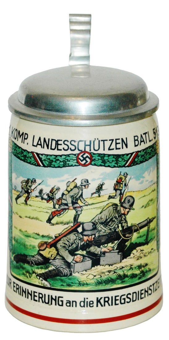 3rd Reich Machinegunner Scene 513 Batl. Stein: Third Reich Stein Pottery POG 1/2L. “1 Komp. Landesschutzen Batl. 513 Kriegsdienstzeit 1940/41.” Machine gunner scene Regimental . Mint.