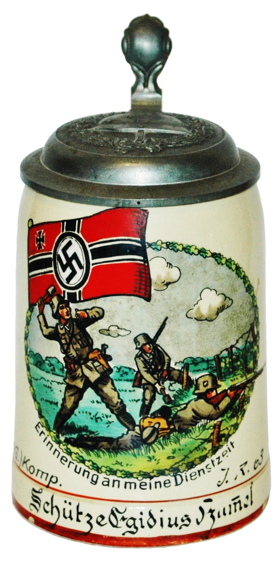 3rd Reich Regimental Battle Scene Stein: Third Reich Stein Pottery POG 1/2L. “15 E. J. G. Komp. J. R. 63, Schutze Igidius Kumel.” Battle scene.