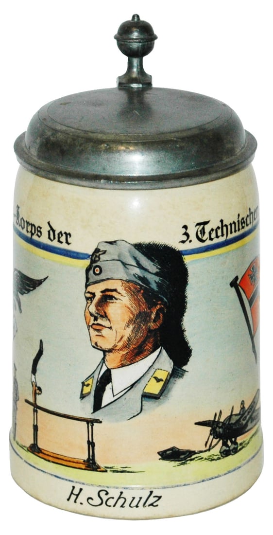 3rd Reich Regimental Soldiers Plane & Flag Stein: Third Reich Stein Pottery POG 1/2L. “Unteroffizier Korps der 3 Technischen Kompanie.” Desert soldiers, plane a flag. Mint.