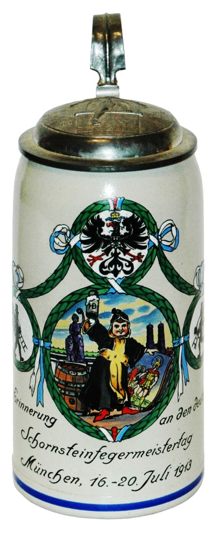 1L Chimney Sweep Day Munich 1913 stein & Lid: Stoneware POG 1L. Chimney sweep day in Munich Juli 1913. Relief lid of chimney sweep going down chimney.