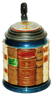 Mettlach Medical Book Stein w Inlay Lid: Mettlach #2001B 1/2L Book Stein. Medical themes to each book. Inlay lid. Mint.