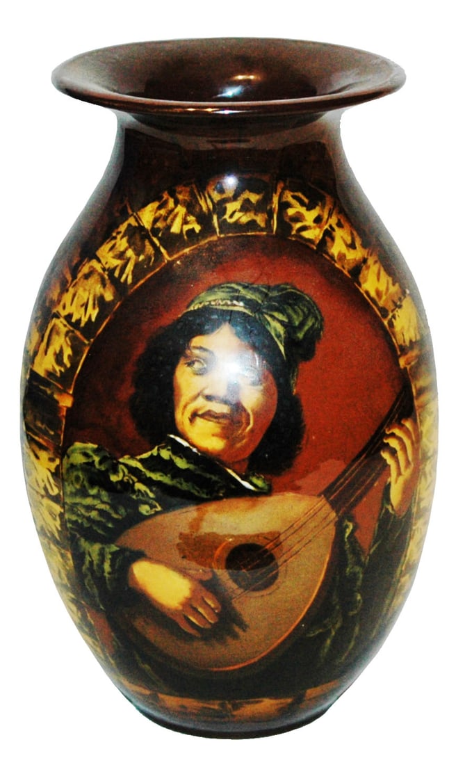 Mettlach Rookwood Musician 9" Vase: Mettlach Rookwood #2709/6120 PUG 9” Vase. Mandolin player. Mint.
