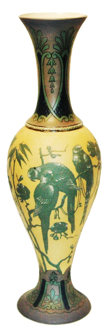 Mettlach  Parrots & Floral 19" Etched Vase (1 of 3)