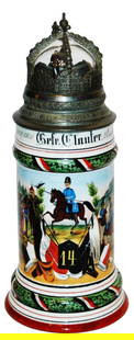 Regimental Drag Stein Crown Lid Riders Under Glass: Regimental Stein 1/2L Porcelain. “2 Escdr. Kurmark Drag Regt. Ni 14 Colmar Els. 1901-1904, Gefr. Clauter.” Two side scenes. Rear roster. Crown lid with riders under glass. Mint.