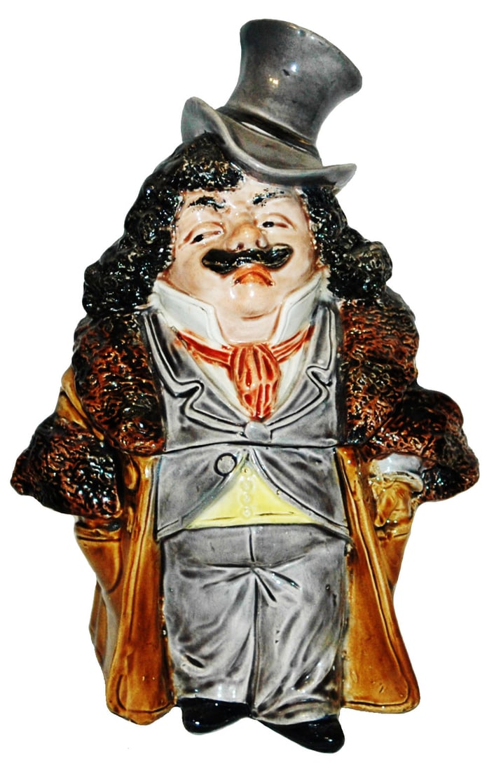 Majolica Tobacco Jar of Fancy Dressed Man: Austrian Majolica 9” Tobacco Jar. Well dressed man wears top hat. Mint.
