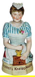 Coffee Grinder Character Stein Pauson Exclusive: Character Stein 1/2L Schierholz Porcelain. Made exclusively for Martin Pauson. Coffee grinder woman. Litho of coffee bag in previous lot.