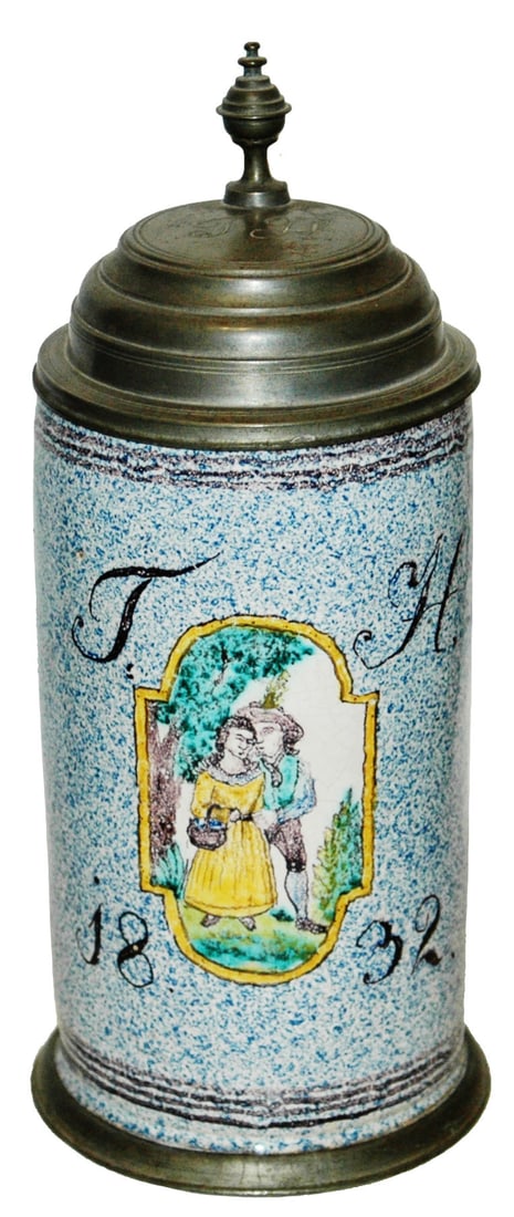 1L Gmunden Faience Couple & Initials 1832 Stein (1 of 4)