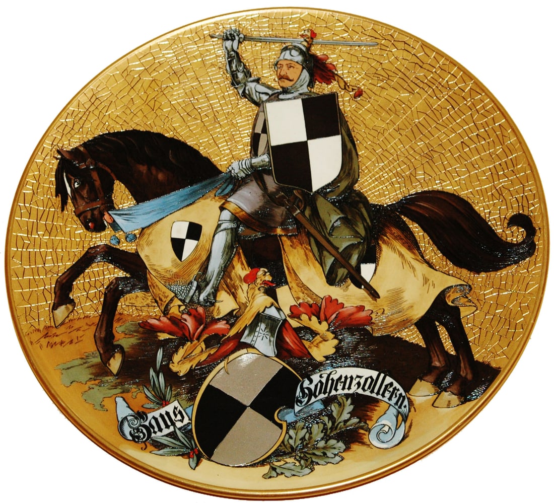 Mettlach Hohenzollern Knight on Horseback Plaque: Mettlach #2187 Etched 17” Plaque. Hohenzollern knight on horseback.