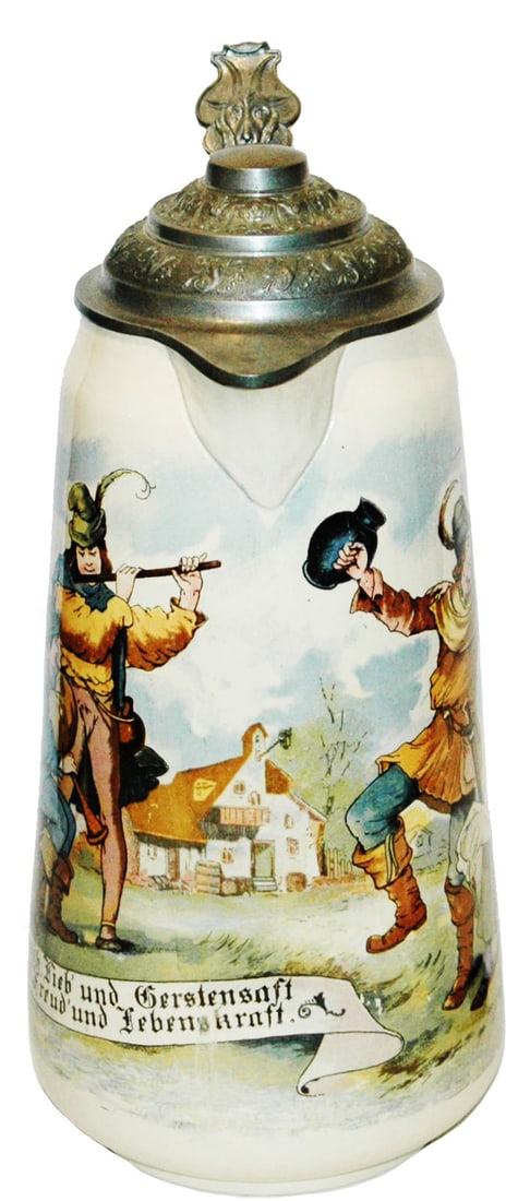 2L Mettlach Musicians & Dancers Stein: Mettlach #2348/1022 PUG 2L. Musicians and dancers. Mint.