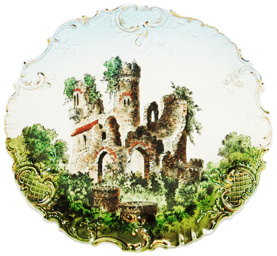 Mint.Mettlach Castle Ruins Plaque: Mettlach #167A PUG 10 3/4” Plaque. Castle. Mint.