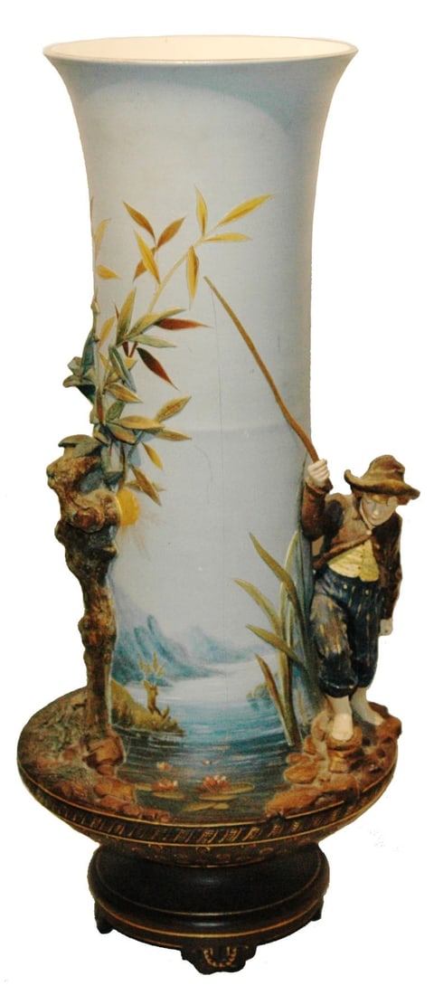 Rare Mettlach 20" Vase Fishing Boy & Tree: Mettlach #1703 Relief 20” Vase. Figural boy on side of body fishing. Tree on opposite side. Rare. Mint.