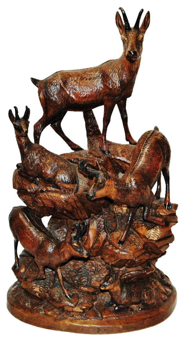 Black Forest Carved  5 Chamois on Rock Grouping. (1 of 5)