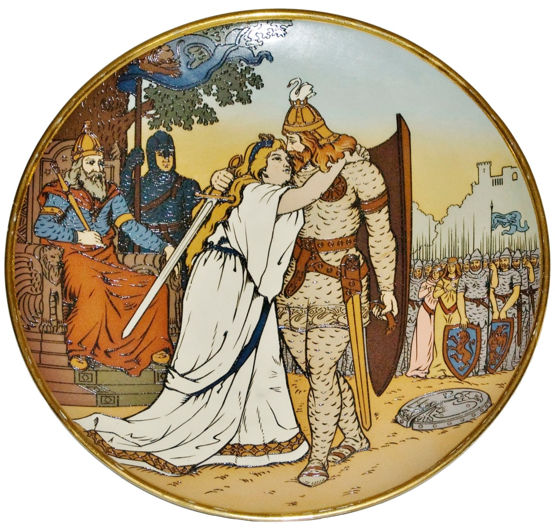 Mettlach Lohengrins Arrival 17" Plaque: Mettlach #3165 Etched 17” Plaque. Lohengrins arrival. Mint.