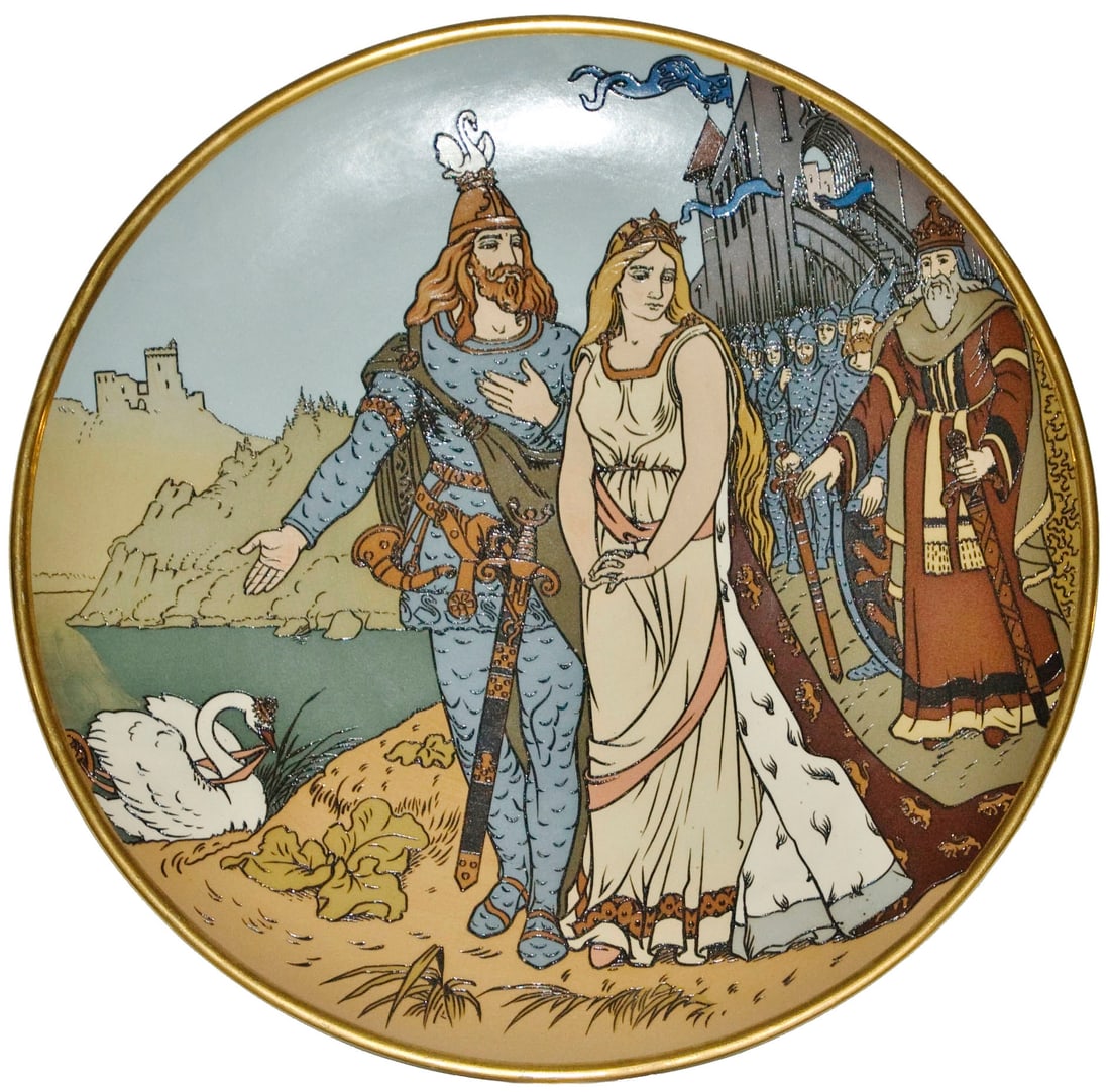 Mettlach Lohengrins Departure 17" Plaque: Mettlach #3166 Etched 17” Plaque. Lohengrins departure. Mint.