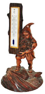 Black Forest Dwarf Holds a Thermometer: Black Forest Carved Wood 9&#8221; Figure. Dwarf holds thermometer.