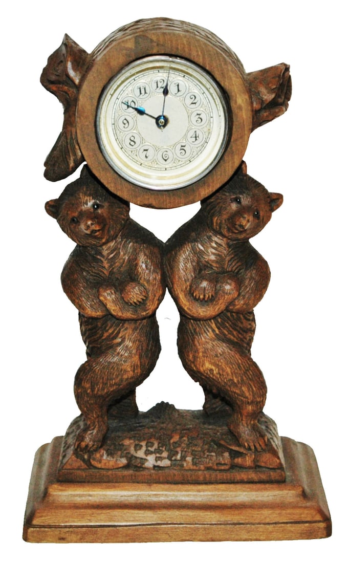 Black Forest Carved Bears Holding Up Alarm Clock (1 of 3)
