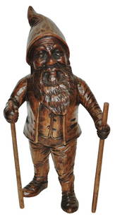 Black Forest Carved Dwarf w Two Walking Sticks: Black Forest Carved Wood 8&#8221; Figure. Dwarf with two walking sticks.