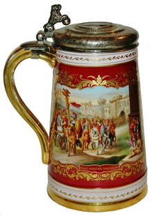 2L Royal Vienna Detailed Soldier Scenes Silver Lid: Porcelain Royal Vienna Hand Painted 2L Stein. Two detailed scenes of Roman soldiers. Hand chased silver lid with large coin. Mint.