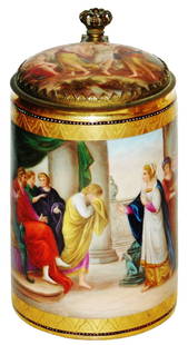Royal Vienna Royal Court Hand Painted Stein: Porcelain Royal Vienna Hand Painted 1/2L. Scene of group in royal court. Inlay painted on both sides. Mint.
