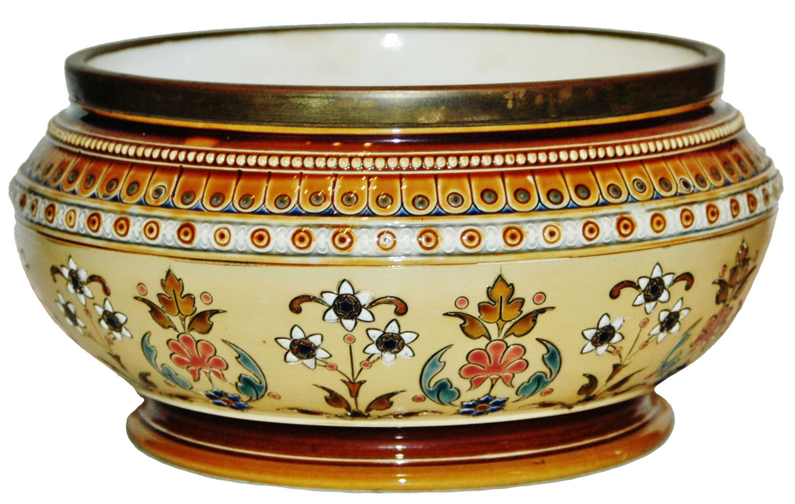 Mettlach Mosaic Floral Wide Bowl w Metal Rim (1 of 2)